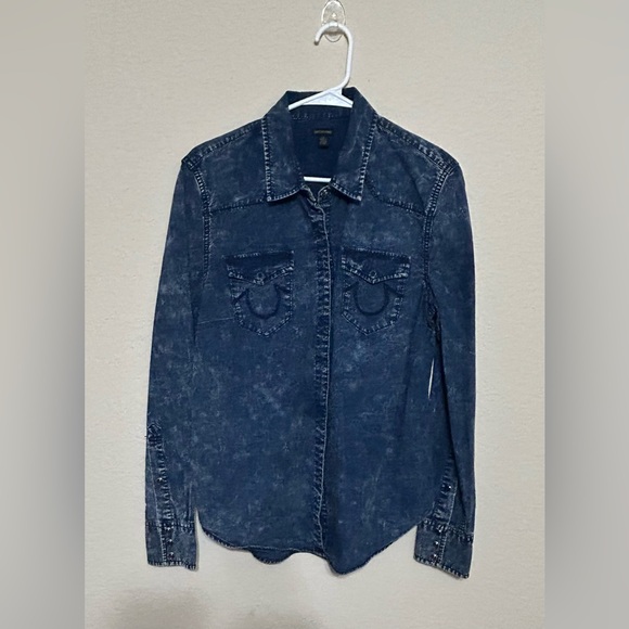 True Religion Georgia Denim Shirt Women Size Large Western Snap Button Cowgirl - Picture 2 of 12